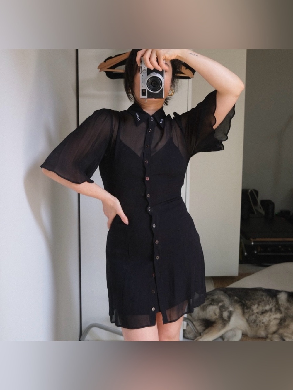 Reformation F*ckin Lady Black Sheer Collar Embroidered Mini Shirt Dress